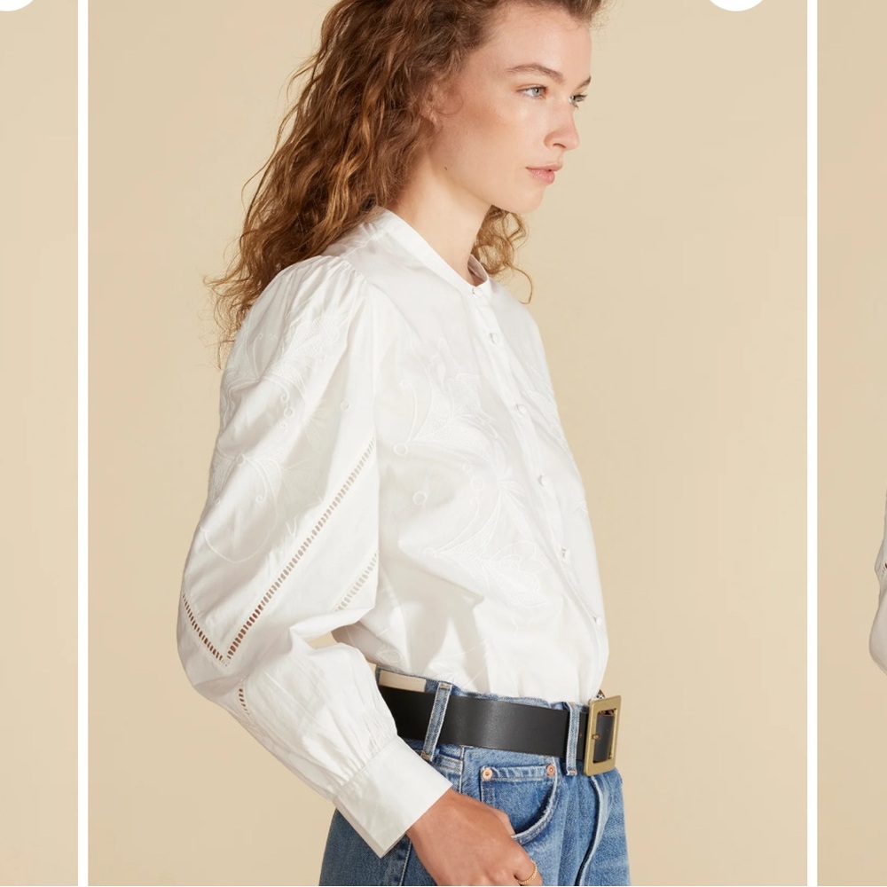 Amour Vert Angelique white embroidered button down collarless poplin blouse XL - Picture 6 of 13